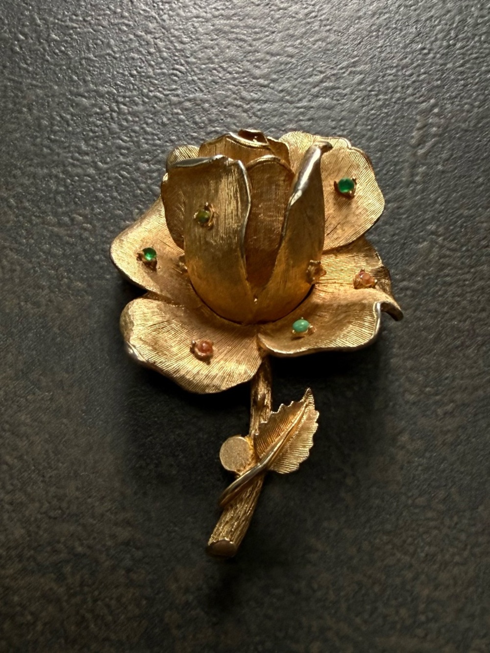 Vintage Capri Gold Rose Brooch with Tiny Pink Green Stones